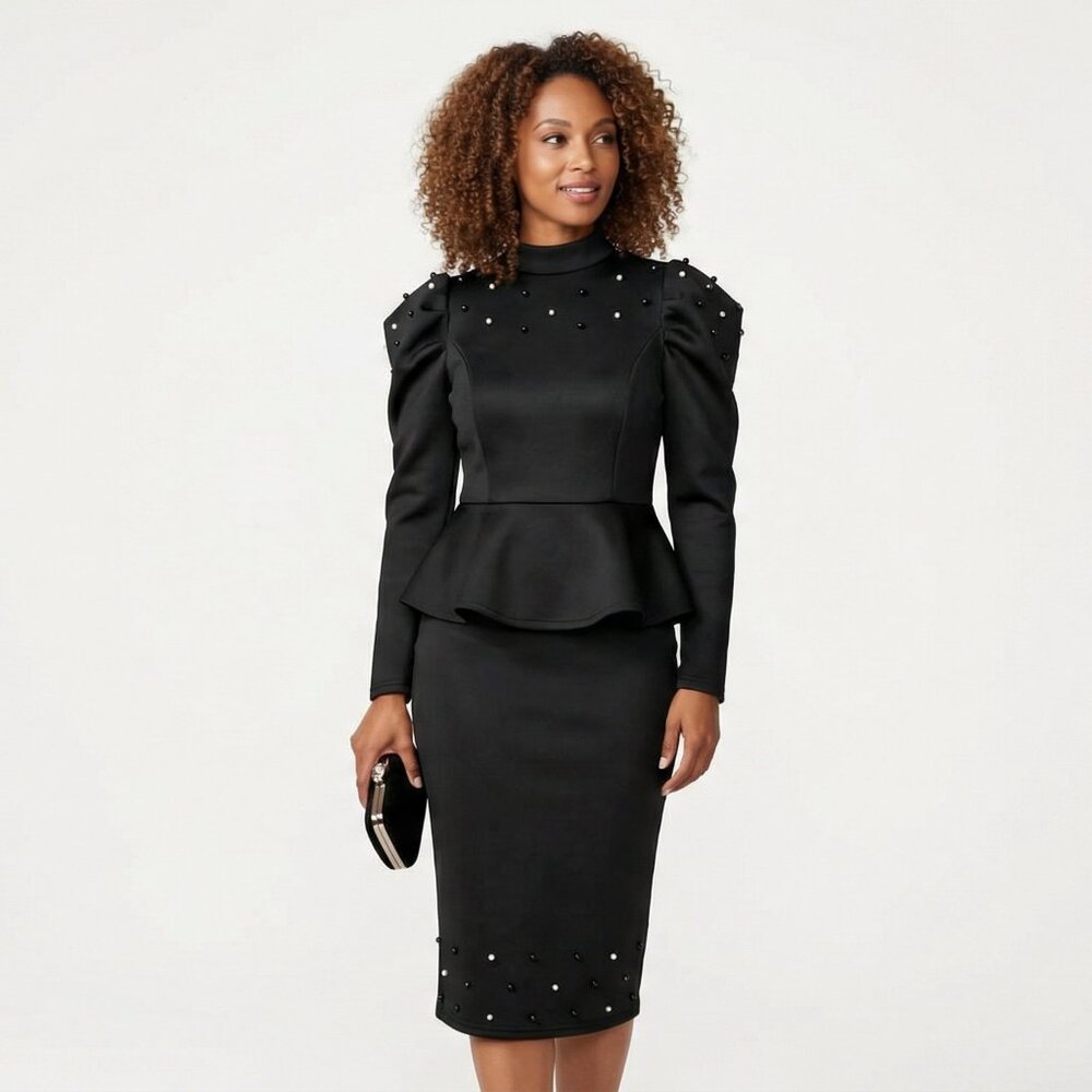 Rosaline Pearl Peplum Dress – Elegant Blush Scuba-Knit (Size 10)